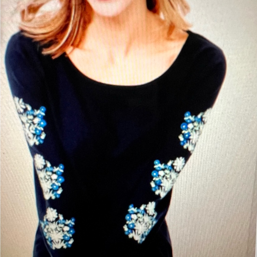 Talbots Embroidered Sleeve Navy Blue Top, NWT